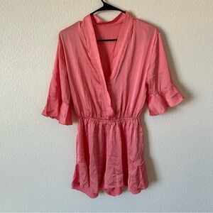 Silky Pink Ruffle Sleeve Bridal, Bridesmaid Romper